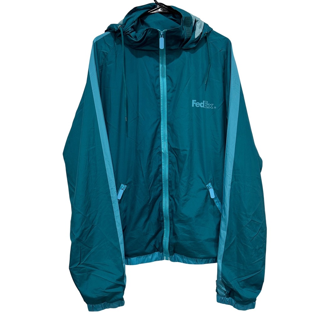 FedEx Mens Teal‎ Blue Hooded Windbreaker Jacket XXL Full Zip Mesh Lined RN137945